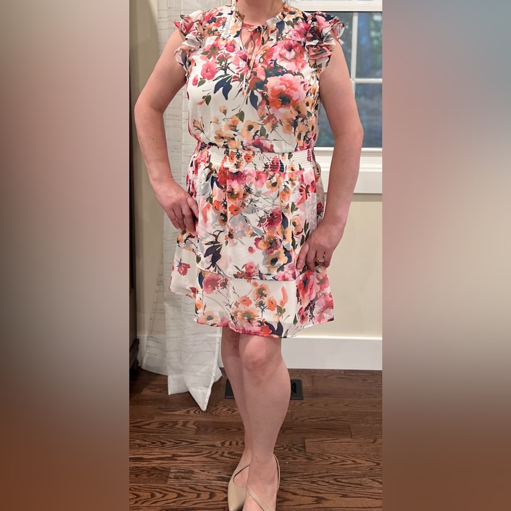 Petite printed split neck flutter-sleeve fit and flare dress. Petite large